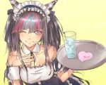  1girl alternate_costume bare_shoulders black_hair breasts cup dangan_ronpa drinking_glass drinking_straw enmaided hand_on_own_chest heart highres holding holding_plate jewelry long_hair looking_at_viewer maid maid_headdress medium_breasts mioda_69ch mioda_ibuki multicolored_hair one_eye_closed piercing pink_eyes pink_hair plate smile solo super_dangan_ronpa_2 upper_body very_long_hair white_hair wrist_cuffs 