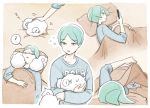  1other alternate_costume androgynous animal aqua_eyes aqua_hair blanket cellphone contemporary dog eyebrows_visible_through_hair green_eyes green_hair houseki_no_kuni lying mydeerwitch on_back on_side phone phosphophyllite pillow shiro_(houseki_no_kuni) short_hair sleeping smartphone 