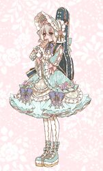 1girl ankle_strap aoba_moca aqua_bow aqua_dress aqua_eyes aqua_footwear baguette bang_dream! blue_ribbon bonnet bow bread character_doll charm_(object) checkered chino_machiko clothes_writing dress eating floral_background flower food frilled_dress frilled_sleeves frills full_body gloves grey_hair group_name guitar_case holding holding_food instrument_case jewelry lolita_fashion long_sleeves mitake_ran pantyhose pink_background pink_bow pink_flower platform_footwear purple_flower ribbon ribbon_trim ring shoes short_hair solo standing sweet_lolita white_gloves white_legwear yellow_flower