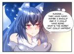  animal_ear_fluff animal_ears bare_shoulders black_border blush border cold english_text fang fur_collar grey_hair hair_between_eyes hinghoi long_hair monster_girl open_mouth original paws red_eyes snowing tail thought_bubble wolf_ears wolf_girl wolf_tail 