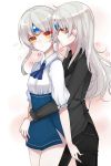  2girls ascot black_jacket black_pants blue_neckwear blue_skirt cowboy_shot dress_shirt egg_(rxlal) elsword eve_(elsword) floating_hair high-waist_skirt highres hug hug_from_behind jacket long_hair long_sleeves meme_attire multiple_girls pants shiny shiny_hair shirt side_slit silver_hair skirt standing virgin_killer_outfit white_background white_shirt yellow_eyes 