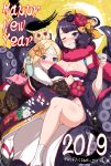  2019 abigail_williams_(fate/grand_order) bandaid_on_forehead bangs bare_shoulders black_kimono blonde_hair blue_eyes blush bottle breasts cleavage closed_mouth crossed_bandaids cup fate/grand_order fate_(series) flower forehead fur_collar fur_trim grin hair_bun hair_flower hair_ornament hairpin happy_new_year highres hitotsuki_nebura japanese_clothes katsushika_hokusai_(fate/grand_order) kimono large_breasts legs long_hair long_sleeves looking_at_viewer new_year obi octopus off_shoulder one_eye_closed parted_bangs purple_hair purple_kimono sake_bottle sandals sash smile socks tentacle thighs translated wide_sleeves 