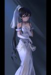  1girl black_hair breasts bridal_veil choker collarbone dress earrings elbow_gloves gloves grey_background high_ponytail highres jewelry kantai_collection long_dress long_hair medium_breasts red_eyes sleeveless sleeveless_dress solo standing strapless strapless_dress veil very_long_hair wedding_dress white_dress white_gloves yahagi_(kantai_collection) yorktown_cv-5 