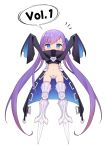  1girl arms_up black_coat blue_eyes blue_ribbon blush chibi commentary_request crotch_plate fate/extra fate/extra_ccc fate_(series) full_body hair_ribbon long_hair long_sleeves looking_at_viewer meltlilith navel open_mouth purple_hair ribbon simple_background sleeves_past_fingers sleeves_past_wrists solo standing twintails v-shaped_eyebrows very_long_hair waero white_background 