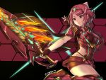  1girl bangs breasts commentary_request earrings fire gem gloves headpiece pyra_(xenoblade) jewelry kouno_(uiyoyo199) large_breasts legs nintendo pose red_eyes redhead short_hair shoulder_armor solo swept_bangs sword thigh_strap tiara weapon x xenoblade_(series) xenoblade_2 
