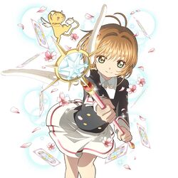  1girl ascot brown_hair card_(medium) card_captor_sakura flower green_eyes hair_intakes holding holding_wand kero kinomoto_sakura long_sleeves looking_at_viewer official_art petals school_uniform short_hair skirt smile solo sparkle transparent_background two-handed uchi_no_hime-sama_ga_ichiban_kawaii wand white_skirt 