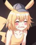  1girl animal_ears artist_request bare_shoulders baseball_cap blonde_hair blurry blurry_background blush_stickers camisole closed_eyes creatures_(company) depth_of_field detective_pikachu eyebrows_visible_through_hair facing_viewer game_freak gen_1_pokemon grey_hat grimace hat highres hinghoi nintendo open_mouth personification photo-referenced pikachu pikachu_ears pikachu_tail pokemon pokemon_ears short_hair solo tail upper_body 