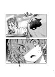  2girls animal_print book breasts comic cow_print greyscale hair_ribbon holding holding_book imu_sanjo indoors japanese_clothes kantai_collection large_breasts manga_(object) monochrome multiple_girls ribbon sweat translation_request twintails zuikaku_(kantai_collection) 