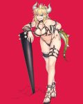  1girl alba black_swimsuit blonde_hair blue_earrings blue_eyes bowsette bracelet breasts claws cleavage club collar commentary_request crown eyebrows_visible_through_hair fang fingernails full_body hair_between_eyes highres horns jewelry large_breasts leaning_forward leaning_on_weapon leg_garter long_hair looking_at_viewer super_mario_bros. mini_crown new_super_mario_bros._u_deluxe nintendo open_mouth pointy_ears red_background sandals sharp_fingernails sharp_toenails smile smirk solo spiked_armlet spiked_bracelet spiked_collar spiked_shell spiked_tail spikes standing super_crown super_mario_bros. swimsuit tail thigh_strap toenails turtle_shell weapon 