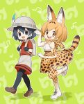  2girls animal_ear_fluff animal_ears backpack bag bare_shoulders black_hair blonde_hair blue_eyes bow bowtie commentary_request elbow_gloves eyebrows_visible_through_hair gloves helmet high-waist_skirt holding_strap kaban_(kemono_friends) kemono_friends loafers maneki-syorai multicolored_hair multiple_girls musical_note open_mouth pantyhose paw_pose pith_helmet print_gloves print_legwear print_skirt serval_(kemono_friends) serval_ears serval_print serval_tail shirt shoes short_hair short_sleeves shorts skirt sleeveless standing standing_on_one_leg t-shirt tail thigh-highs yellow_eyes zettai_ryouiki 
