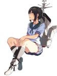  1girl black_eyes black_hair blush fubuki_(kantai_collection) highres kantai_collection looking_at_viewer looking_away low_ponytail machinery open_mouth oweee ponytail remodel_(kantai_collection) school_uniform serafuku short_ponytail sidelocks sitting socks solo twitter_username 