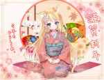  1girl animal_ear_fluff animal_ears blonde_hair blue_eyes blue_flower blush cat_ears closed_mouth commentary_request floral_print flower full_body hair_flower hair_ornament hamaru_(s5625t) hands_on_lap head_tilt japanese_clothes kimono long_hair long_sleeves obi original pink_flower print_kimono purple_flower red_kimono sash seiza sitting smile solo translated very_long_hair white_flower wide_sleeves 