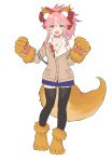  1girl animal_ear_fluff animal_ears bangs beige_sweater black_legwear blue_skirt bow breasts cat_paws cleavage collarbone dress_shirt fate/extra fate/grand_order fate_(series) fox_ears fox_girl fox_tail full_body gloves hair_between_eyes hair_bow large_breasts long_hair looking_at_viewer open_mouth paw_gloves paw_shoes paws pink_hair pleated_skirt ponytail red_bow shirt shoes sidelocks simple_background skirt tail tamamo_(fate)_(all) tamamo_cat_(fate) thigh-highs thighs tranquil-lizer white_background yellow_eyes 