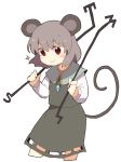  1girl animal_ears bangs blush capelet closed_mouth dokan_(dkn) dowsing_rod eyebrows_visible_through_hair grey_hair hair_between_eyes holding jewelry long_sleeves looking_at_viewer mouse_ears mouse_tail nazrin necklace pendant red_eyes short_hair simple_background skirt smile solo sparkle tail touhou white_background 