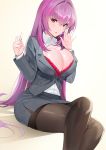  1girl alternate_costume artist_name bra breasts chalk cleavage damda dress_shirt fate/grand_order fate_(series) formal gradient gradient_background hair_intakes large_breasts legs_crossed long_hair long_sleeves looking_at_viewer open_clothes open_mouth open_shirt pantyhose purple_hair red_eyes scathach_(fate)_(all) scathach_(fate/grand_order) shirt sitting skirt skirt_suit suit teacher thighband_pantyhose underwear 