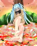  1girl autumn autumn_leaves bare_legs barefoot blue_eyes blue_hair book eiji_(eiji) feet full_body glasses hatsune_miku leaf legs long_hair looking_at_viewer sitting soles sweater toes twintails vocaloid 