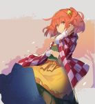  1girl apron bangs bell book checkered checkered_kimono commentary_request eyebrows_visible_through_hair green_skirt grey_background hair_bell hair_between_eyes hair_ornament hakama_skirt hand_up highres holding holding_book japanese_clothes jingle_bell kimono looking_at_viewer motoori_kosuzu orange_eyes orange_hair red_kimono rin_falcon shirt short_hair skirt smile solo touhou two_side_up white_kimono white_shirt yellow_apron 