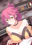  1girl black_choker blush book breasts choker cleavage eiyuu_densetsu folded_ponytail hair_between_eyes highres large_breasts looking_at_viewer opp redhead sara_valestein sen_no_kiseki shelf solo yellow_eyes 