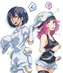  2girls ? aether_foundation_employee bare_shoulders black_hair black_shirt blush brown_eyes creatures_(company) dark_skin game_freak gloves hat multiple_girls nintendo open_mouth pantyhose pink_eyes pink_hair pokemon pokemon_(game) pokemon_sm punk_girl_(pokemon) red_eyes shirt short_hair short_jumpsuit short_shorts shorts spoken_question_mark tank_top team_skull_grunt uniform unya white_legwear white_shirt wristband 