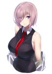  1girl bangs bare_shoulders black_shirt breasts collared_shirt commentary_request eyebrows_visible_through_hair eyes_visible_through_hair fate/grand_order fate_(series) fujitsubo_(hujitubo0731) grin hair_over_one_eye highres jacket jacket_removed large_breasts looking_at_viewer mash_kyrielight necktie pink_hair red_neckwear shirt short_hair sleeveless sleeveless_shirt smile violet_eyes 
