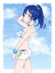  1girl arm_up ass bangs bikini bikini_under_clothes blue_bikini blue_hair bracelet butt_crack commentary_request cowboy_shot earrings eyebrows_visible_through_hair from_side hair_between_eyes hair_ornament hairclip heart heart_earrings highres jewelry long_hair looking_at_viewer love_live! love_live!_school_idol_festival love_live!_school_idol_project necklace ponytail shorts side-tie_bikini simple_background smile solo sonoda_umi swimsuit swimsuit_under_clothes yellow_eyes 