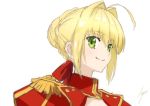  1girl ahoge ashiwara_yuu bangs blonde_hair bow braid closed_mouth epaulettes eyebrows_visible_through_hair fate/extra fate_(series) green_eyes hair_between_eyes hair_bow hair_bun hair_intakes nero_claudius_(fate) nero_claudius_(fate)_(all) portrait puffy_sleeves red_bow sidelocks signature simple_background sketch smile solo white_background 