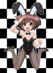  1girl :d akiyama_yukari animal_ears armlet bangs bare_shoulders black_footwear black_leotard black_neckwear bow bowtie breasts brown_eyes brown_hair bunny_tail bunnysuit checkered cleavage clenched_hand commentary_request detached_collar excel_(shena) eyebrows_visible_through_hair fake_animal_ears fishnet_pantyhose fishnets girls_und_panzer high_heels highres legs leotard looking_at_viewer medium_breasts messy_hair open_mouth pantyhose rabbit_ears salute short_hair side-tie_leotard sitting smile solo strapless strapless_leotard tail wariza wrist_cuffs 