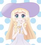  blonde_hair cone creatures_(company) dress food game_freak green_eyes hat ice_cream lillie_(pokemon) long_hair miin_(toukotouya) nintendo pokemon pokemon_(anime) pokemon_sm_(anime) polka_dot polka_dot_background tongue tongue_out white_dress white_hat 