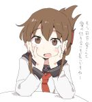 1girl anchor_symbol bangs blue_sailor_collar blush brown_eyes brown_hair dokan_(dkn) elbows_on_table eyebrows_visible_through_hair hair_between_eyes hair_ornament hands_on_own_face inazuma_(kantai_collection) jewelry kantai_collection looking_at_viewer open_mouth red_neckwear ring sailor_collar school_uniform serafuku shirt short_hair simple_background solo table translation_request upper_body white_background 