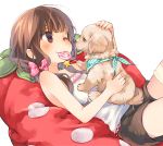  1girl bandanna bangs bare_arms bare_shoulders blush bow boyshorts brown_eyes brown_hair brown_shorts camisole candy dog food from_side hair_bow hair_over_shoulder kuga_tsukasa lollipop long_hair lying mouth_hold on_back one_eye_closed original pillow pink_bow shorts simple_background smile solo sparkling_eyes thigh-highs white_background 