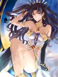  anklet arm_up armlet asymmetrical_legwear asymmetrical_sleeves bangs bare_shoulders black_ribbon closed_mouth crown detached_collar earrings elbow_gloves fate/grand_order fate_(series) gloves hair_ribbon highres hoop_earrings hoshi_rasuku ishtar_(fate/grand_order) jewelry long_hair neck_ring parted_bangs red_eyes ribbon single_elbow_glove single_thighhigh sitting smile thigh-highs tiara two_side_up 
