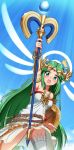 /\/\/\ 1girl :d absurdly_long_hair aqua_eyes arm_up armlet bangs bare_shoulders blue_sky blush bracelet bracer breasts clouds collarbone convenient_censoring cowboy_shot day dress dutch_angle gem glint goddess gold green_hair highres holding holding_staff jewelry kid_icarus legs_apart long_hair medium_breasts necklace nintendo no_panties open_mouth palutena parted_bangs shield single_thighhigh sky smile solo sparkle staff straight_hair strapless strapless_dress surprised sweatdrop takahashi_umori thigh-highs tiara twitter_username very_long_hair what white_dress white_legwear 