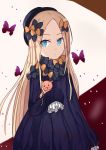 1girl abigail_williams_(fate/grand_order) absurdres bangs black_bow black_dress black_hat blonde_hair blue_eyes bow brown_background bug butterfly closed_mouth commentary_request dress eyebrows_visible_through_hair fate/grand_order fate_(series) forehead hair_bow hat highres insect long_hair long_sleeves looking_at_viewer object_hug orange_bow parted_bangs qi_zi_xian sleeves_past_fingers sleeves_past_wrists solo stuffed_animal stuffed_toy teddy_bear very_long_hair 