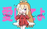  1girl ;d angel_wings background_text bangs blonde_hair blue_background blush_stickers commentary_request eyebrows_visible_through_hair gabriel_dropout hair_between_eyes halo hana_kazari hands_up heart heart_hands highres jacket long_hair long_sleeves looking_at_viewer low_wings one_eye_closed open_mouth red_jacket smile solo tenma_gabriel_white track_jacket translated very_long_hair violet_eyes white_wings wings 