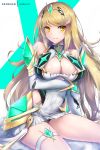  1girl arm_under_breasts armor armored_dress armpit_crease bangs bare_shoulders blonde_hair blush breasts circlet cleavage covered_navel dress earrings emerald_(gemstone) gloves highres mythra_(xenoblade) jewelry large_breasts long_hair looking_at_viewer nintendo patreon_username rei_kun shiny shiny_skin sidelocks sitting smile solo swept_bangs thighs tiara xenoblade_(series) xenoblade_2 yellow_eyes 