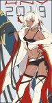  1girl altera_(fate) belt bikini black_bikini breasts cleavage cosplay dark_skin fate/grand_order fate_(series) fur_trim granblue_fantasy horns i-pan kuvira_(granblue_fantasy) kuvira_(granblue_fantasy)_(cosplay) looking_at_viewer open_mouth red_eyes short_hair shorts solo swimsuit thigh-highs veil white_hair white_legwear 