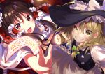  2girls absurdres apron arm_up between_fingers black_vest blonde_hair braid brown_hair commentary_request cravat detached_sleeves frilled_skirt frills glowing grin hair_between_eyes hair_ribbon hair_tubes hakurei_reimu hat hat_ribbon highres holding kirisame_marisa long_hair looking_at_viewer mini-hakkero multiple_girls ofuda open_mouth outstretched_arm puffy_short_sleeves puffy_sleeves red_eyes red_skirt red_vest ribbon ribbon-trimmed_sleeves ribbon_trim sakurano_itsuki shirt short_hair short_sleeves single_braid skirt smile teeth touhou tress_ribbon uneven_eyes upper_teeth vest waist_apron white_shirt witch_hat yellow_eyes yellow_neckwear 