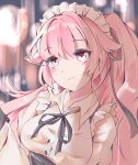  1girl bangs closed_mouth eyebrows_visible_through_hair girls_frontline highres long_hair looking_at_viewer maid_headdress ntw-20_(girls_frontline) pink_eyes pink_hair ribbon smile solo 