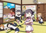  6+girls ahoge akebono_(kantai_collection) apron bandaid bangs bird black_eyes black_hair blue_hair blush breasts brown_hair bucket cat chest_of_drawers cleaning cleaning_brush clock clouds crab cushion dokan_(dkn) eyebrows_visible_through_hair food fruit glasses hair_ornament hatsuyuki_(kantai_collection) headband highres houshou_(kantai_collection) i-19_(kantai_collection) i-401_(kantai_collection) indoors japanese_clothes kantai_collection kimono light_brown_hair long_hair long_sleeves lying mochizuki_(kantai_collection) multiple_girls oboro_(kantai_collection) open_mouth orange orange_eyes penguin pink_hair ponytail purple_hair sailor_collar saliva sazanami_(kantai_collection) school_uniform serafuku shinkaisei-kan shirt short_hair sitting sleeping sliding_doors smile socks standing sweat sweatdrop swimming tatami teeth tree tripping two_side_up ushio_(kantai_collection) white_hair yukata 