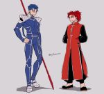  2boys arms_behind_back asaya_minoru black_footwear blue_bodysuit blue_hair bodysuit chinese_clothes fate/grand_order fate/stay_night fate_(series) grey_background hand_on_hip lance lancer li_shuwen_(fate) li_shuwen_(fate/grand_order) long_hair low_ponytail male_focus multiple_boys parted_lips polearm ponytail redhead shoes smile standing twitter_username very_long_hair weapon 