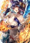 1girl animal_ears bangs barefoot bikini breasts character_request cleavage covered_navel elbow_gloves fire fur_trim gloves granblue_fantasy hair_ornament highres large_breasts open_mouth signo_aaa swimsuit thigh-highs yuel_(granblue_fantasy) 