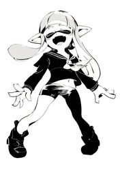  1girl :d asymmetrical_clothes bangs blunt_bangs domino_mask full_body inkling legs_apart long_hair long_sleeves mask navel neckerchief open_mouth pants pigeon-toed pointy_ears sailor_collar school_uniform serafuku shimidu_sp shirt shoes simple_background smile solo splatoon splatoon_(series) splatoon_2 standing tentacle_hair tiptoes white_background 