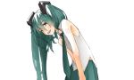  1girl :d absurdres airy.i.ray arms_at_sides bare_arms bare_shoulders blue_hair blue_neckwear blue_skirt close-up eyebrows_visible_through_hair grey_shirt half-closed_eyes happy hatsune_miku highres kneeling long_hair looking_at_viewer necktie open_mouth shirt simple_background skirt sleeveless sleeveless_shirt smile solo twintails upper_body upper_teeth very_long_hair vocaloid white_background 