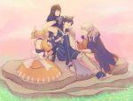  1boy 3girls absurdres brother_and_sister cape dress family father_and_daughter female_my_unit_(fire_emblem:_kakusei) fingerless_gloves fire_emblem fire_emblem:_kakusei gloves highres husband_and_wife krom liz_(fire_emblem) looking_at_another lucina mother_and_daughter multiple_girls my_unit_(fire_emblem:_kakusei) nintendo robean_(birbtactician) rock siblings silver_hair single_sleeve sitting smile tiara twintails 