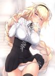  1girl bangs black_legwear black_skirt blonde_hair blouse blush braid breasts casual collared_blouse commentary_request day eyebrows_visible_through_hair fate/grand_order fate_(series) frilled_blouse hair_between_eyes hairband hands_up head_tilt high-waist_skirt highres jeanne_d&#039;arc_(fate) jeanne_d&#039;arc_(fate)_(all) large_breasts long_hair long_sleeves looking_at_viewer meme_attire neck_ribbon outdoors panties ribbon side-tie_panties single_braid skindentation skirt smile solo thigh-highs underwear untsue very_long_hair virgin_killer_outfit white_blouse white_panties wind wind_lift 