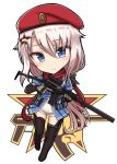  1girl 9a-91 9a-91_(girls_frontline) ammunition_pouch assault_rifle asymmetrical_bangs bangs beige_gloves beret black_footwear black_panties black_ribbon blue_dress blue_eyes boots center_opening chibi closed_mouth commentary_request dress eyebrows_visible_through_hair eyelashes eyes_visible_through_hair frilled_dress frills full_body girls_frontline gun hair_flaps hair_ornament hat holding holding_gun holding_weapon holster knife knife_holster leg_up light_blush light_frown logo long_hair looking_at_viewer microdress panties parted_bangs pleated_dress pouch puffy_short_sleeves puffy_sleeves rabochicken red_scarf red_star ribbon rifle scarf scope see-through short_sleeves solo star star_hair_ornament stomach suppressor thigh-highs thigh_boots thigh_holster trigger_discipline tsurime underwear weapon white_background white_hair 