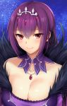  1girl bangs bare_shoulders breasts chacharan cleavage commentary_request dress eyebrows_visible_through_hair fate/grand_order fate_(series) fur_trim hair_between_eyes highres jewelry large_breasts long_hair looking_at_viewer purple_dress purple_hair red_eyes scathach_(fate)_(all) scathach_skadi_(fate/grand_order) smile solo star starry_background tiara 