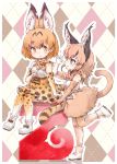 2 2girls animal_ears arm_up belt blonde_hair blush boot_bow boots bow bowtie caracal_(kemono_friends) caracal_ears caracal_tail checkered checkered_background cross-laced_clothes elbow_gloves extra_ears eyebrows_visible_through_hair gloves high-waist_skirt highres kemono_friends kolshica leg_up long_hair looking_at_another multiple_girls print_gloves print_legwear print_neckwear print_skirt serval_(kemono_friends) serval_ears serval_print shirt sitting skirt sleeveless sleeveless_shirt smile tail thigh-highs yellow_eyes yellow_gloves yellow_legwear yellow_neckwear yellow_skirt