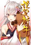  1girl alternate_costume amatsukaze_(kantai_collection) blush brown_eyes commentary_request detached_sleeves dress flower hair_flower hair_ornament hair_tubes highres kantai_collection long_hair looking_at_viewer open_mouth pig seana silver_hair toy translated two_side_up windsock 