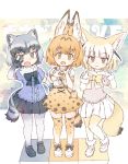  3girls :3 :d animal_ear_fluff animal_ears bangs black_eyes black_hair black_neckwear black_skirt blonde_hair blunt_bangs bow bowtie brown_eyes center_frills commentary_request common_raccoon_(kemono_friends) double_w elbow_gloves eyebrows_visible_through_hair fang fangs fennec_(kemono_friends) fox_ears fox_tail full_body fur_collar fur_trim gloves grey_hair high-waist_skirt highres kemono_friends kolshica looking_at_viewer multicolored_hair multiple_girls open_mouth pleated_skirt print_legwear print_neckwear print_skirt puffy_short_sleeves puffy_sleeves raccoon_ears raccoon_tail serval_(kemono_friends) serval_ears serval_print serval_tail shoes short_hair short_sleeves skirt smile tail thigh-highs w white_hair white_skirt yellow_eyes yellow_neckwear 
